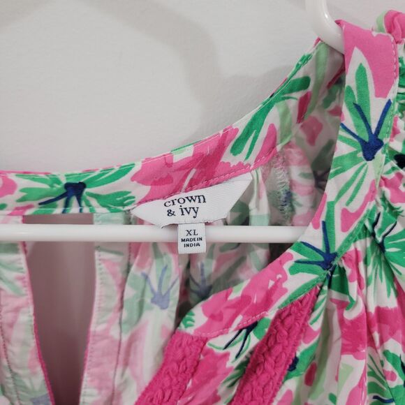 Crown And Ivy Womens Top Size XL Floral Palm Tree Colorful Beach Embroidered - Picture 4 of 7